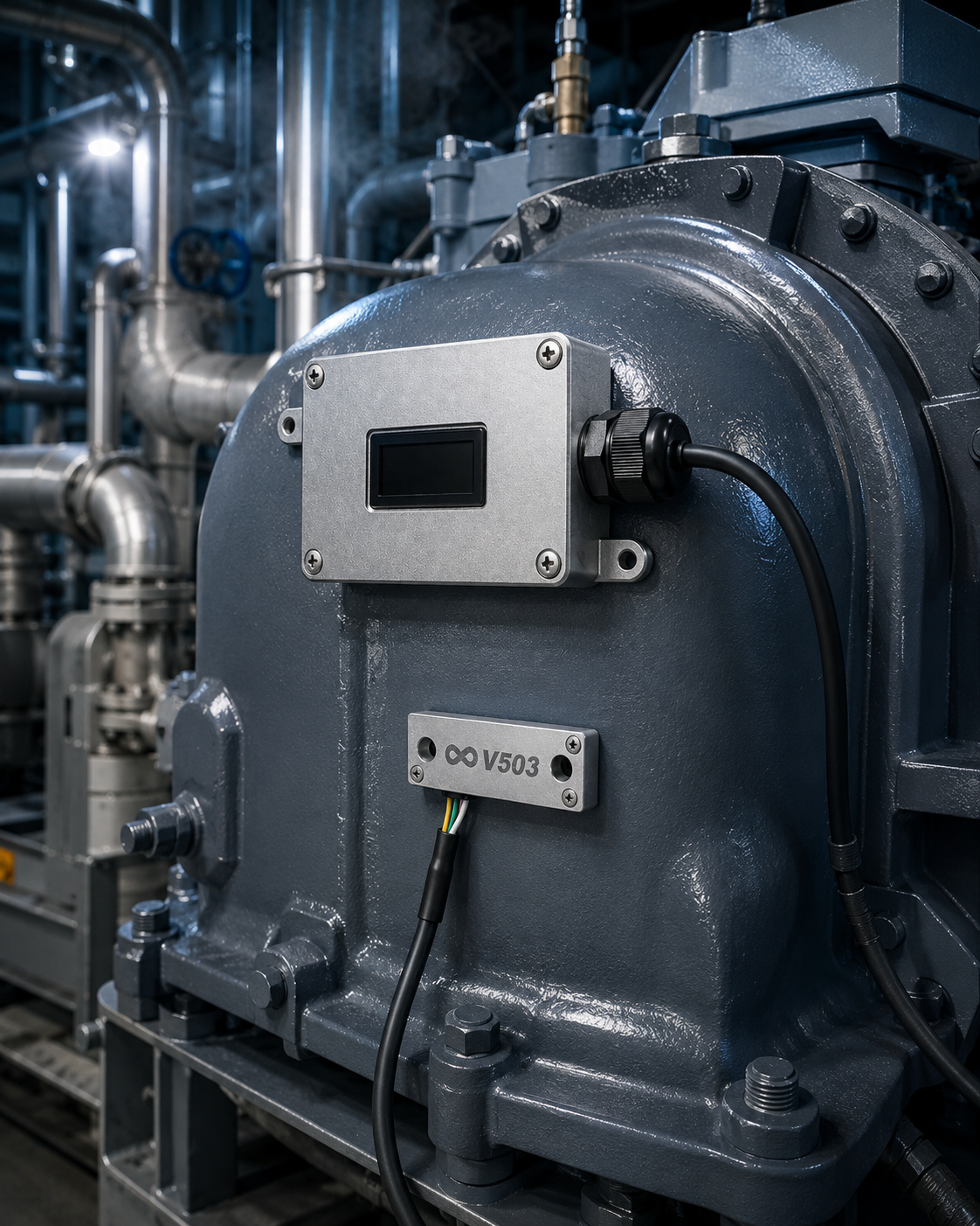 冰水主機壓縮機，V503 三軸振動、AS100 音頻與 LEM 電流三維監測